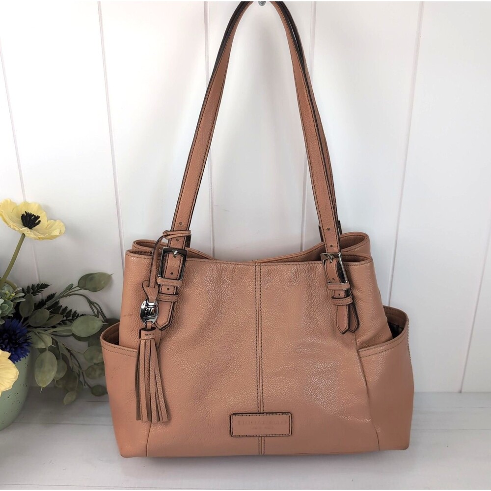 Tignanello Peach Pebbled Leather Satchel Top Handle Zip Lined Pockets Charm